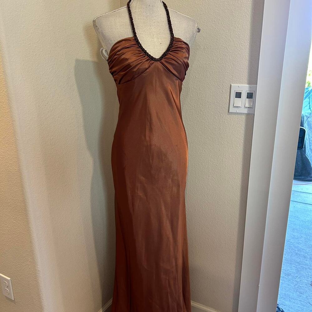 Niki brown satin halter neck maxi dress. Size  4
